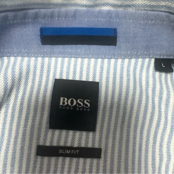 Boss Light Blue Fine-Striped Mens Dress Shirt A49 - Picture 9 of 13